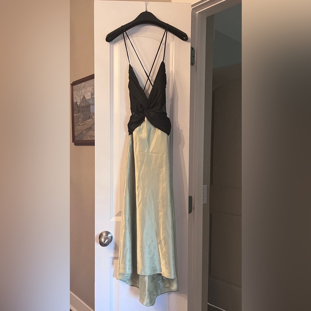 Faviana dress shiny light olive-green color